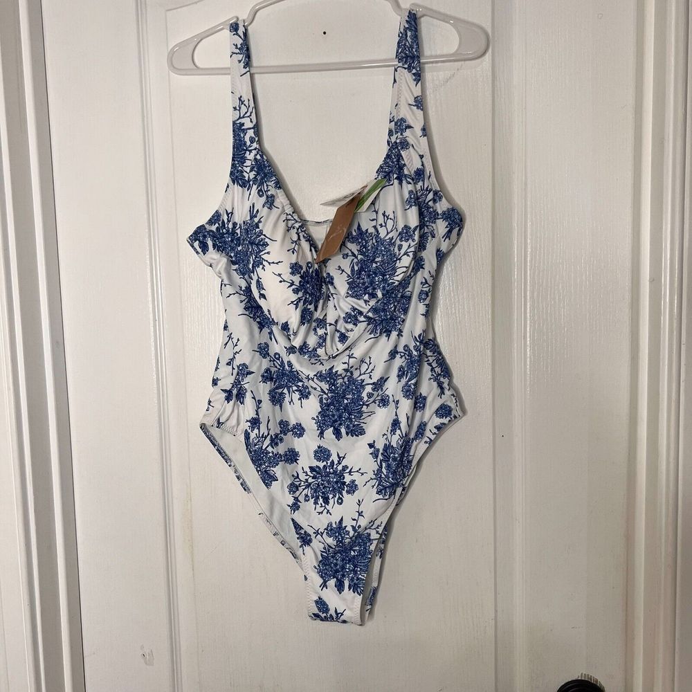 Berlook Womens Swimsuit 2XL Blue Tie‎ Floral One Piece Swimwear Stretch NWT - Picture 2 of 9